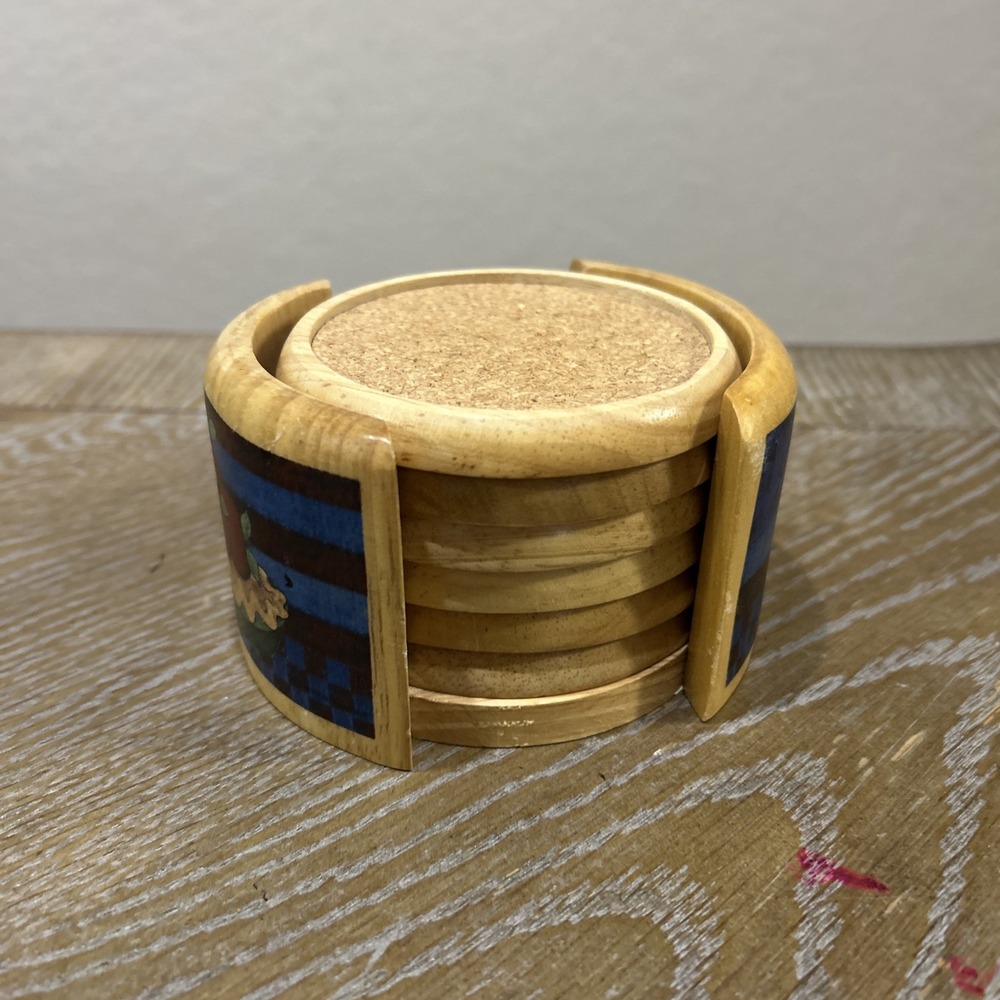 Vintage Kamenstein Wood Round Coaster Set 6 Pc Natural with Holder Apple Pie - Picture 4 of 7